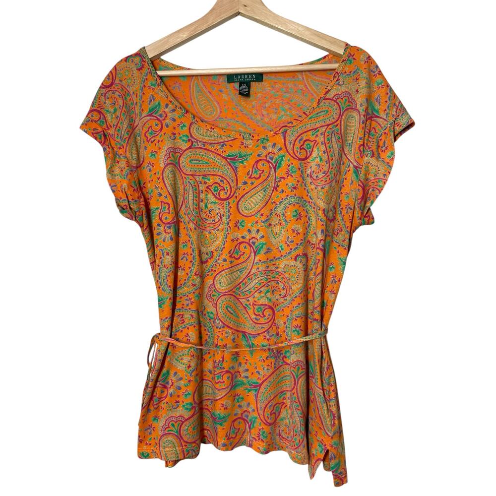 Lauren Ralph Lauren LRL Orange Top Tie wasit Size Large Paisley Cotton T-Shirt